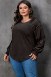 Black Plus Size Sequin Patchwork Crew Neck Long Sleeve Top-Plus Size-MomFashion