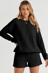 Black Textured Long Sleeve Top and Drawstring Shorts Set-Loungewear-MomFashion