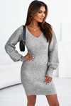 Gray V Neck Bodycon Sweater Dress-Dresses-MomFashion