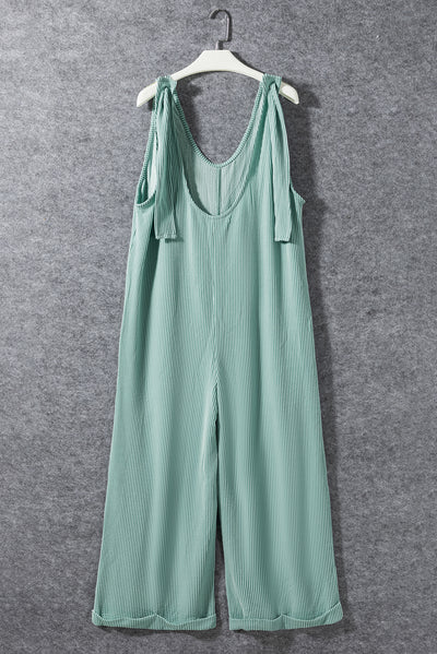 Moonlight Jade Corded Tie Straps V Neck Wide Leg Jumpsuit-Bottoms-MomFashion