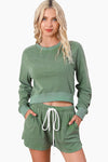 Green Fleece Two-piece Cropped Pullover and Shorts Set-Loungewear-MomFashion