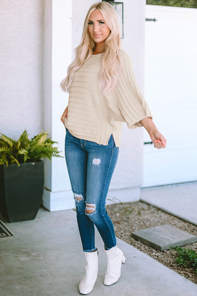 Apricot Exposed Seam Ribbed Knit Dolman Sweater-Tops-MomFashion