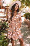 Khaki V Neck Floral Babydoll Dress with Pockets-Dresses-MomFashion