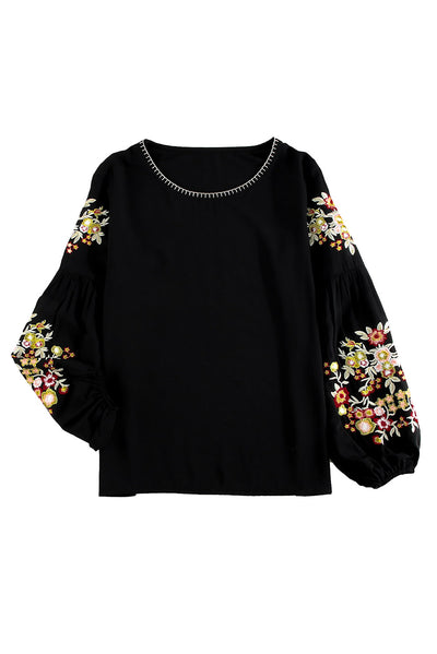 Black Floral Embroidery Long Sleeve Top-Tops-MomFashion