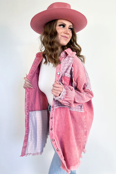 Pink Retro Distressed Houndstooth Patchwork Denim Jacket-Outerwear-MomFashion