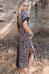 Black Contrast Solid Leopard Short Sleeve T-shirt Dress with Slits-Dresses-MomFashion