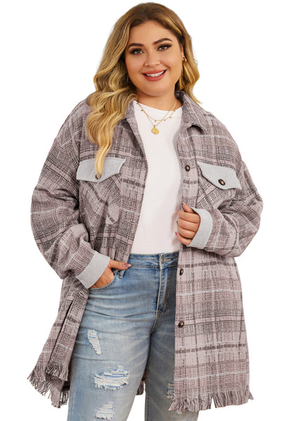 Pink Plus Size Macrame Plaid Coat-Plus Size-MomFashion