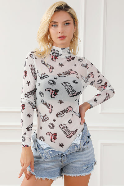 White Rodeo Bound Printed Long Sleeve Bodysuit-Tops-MomFashion