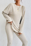 Apricot Ribbed Knit Loose Long Sleeve Top Skinny Pants Set-Loungewear-MomFashion