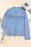 Sky Blue Roll-Up Tab Sleeve Button Down Pocket Denim Jacket-Outerwear-MomFashion