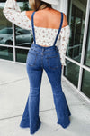 Dark Blue Adjustable Buckle Strap Flare Leg Denim Overalls-Bottoms-MomFashion