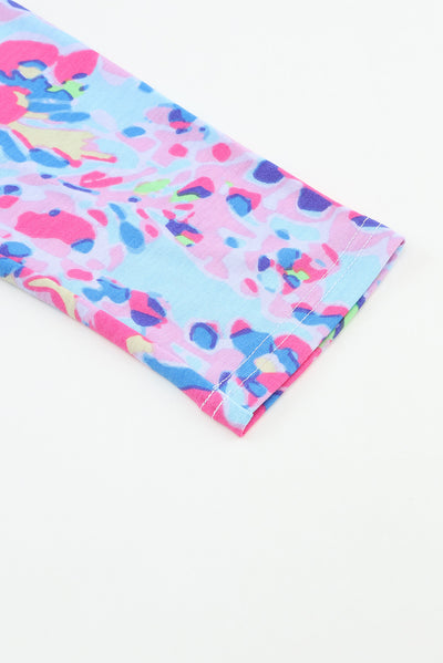 Sky Blue Floral Long Sleeve Top and Drawstring Shorts Set-Loungewear-MomFashion