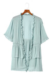 Green Ruffled Trim Half Sleeve Open Front Kimono-Outerwear-MomFashion