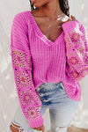 Rose Floral Crochet Cable Knit V Neck Sweater-Tops-MomFashion