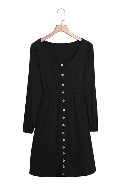 Black Button Up High Waist Long Sleeve Dress-Dresses-MomFashion