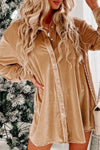 Light French Beige Velvet Button Front Shirt Mini Dress-Dresses-MomFashion