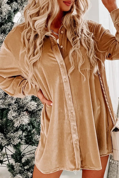 Light French Beige Velvet Button Front Shirt Mini Dress-Dresses-MomFashion