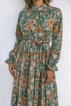 Green Pleated Long Sleeve Maxi Floral Dress with Tie-Dresses-MomFashion