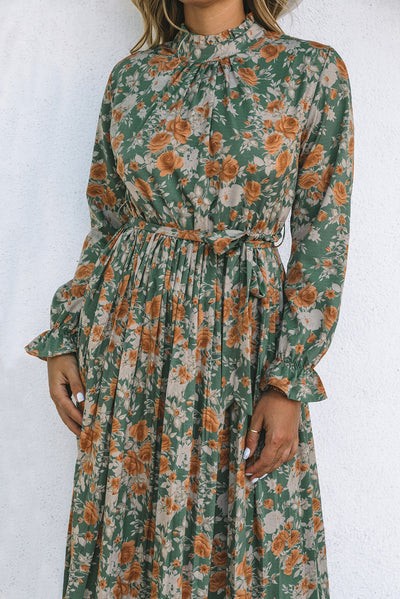 Green Pleated Long Sleeve Maxi Floral Dress with Tie-Dresses-MomFashion