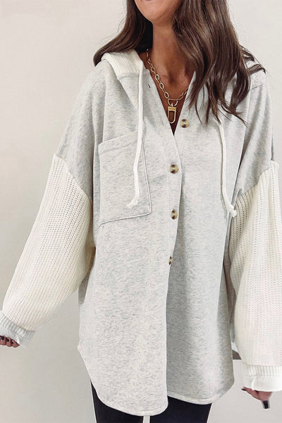 Gray Button Up Contrast Knitted Sleeves Hooded Jacket-Outerwear-MomFashion