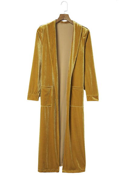 Yellow Velvet Open Front Pocketed Long Duster-Tops-MomFashion