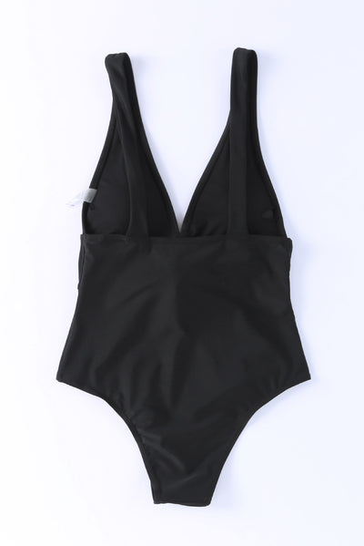 Black Deep V Neck Tie Waist One-piece Swimsuit-Swimwear-MomFashion