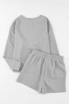 Gray Textured Long Sleeve Top and Drawstring Shorts Set-Loungewear-MomFashion