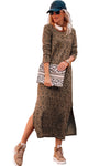 Leopard Round Neck Long Sleeve Split Dress-Dresses-MomFashion