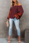 Burgundy Sequin Patchwork Sleeve Open Back Waffle Knit Top-Tops-MomFashion