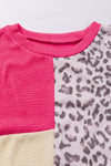 Rose Leopard Patchwork Color Block Ribbed Long Sleeve Top-Tops-MomFashion