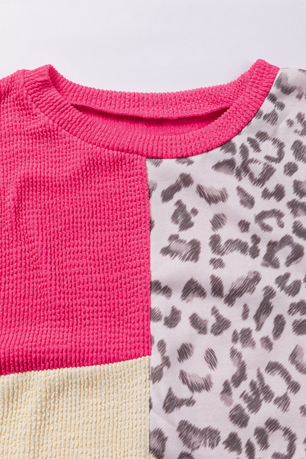 Rose Leopard Patchwork Color Block Ribbed Long Sleeve Top-Tops-MomFashion