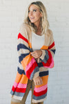 Stripes Knitted Balloon Sleeve Open Cardigan-Tops-MomFashion