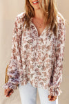 Boho Floral Print Split V Neck Bubble Sleeve Blouse-Tops-MomFashion