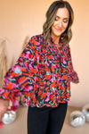 Red Dahlia Abstract Floral Shirred Detail Puff Sleeve Blouse-Tops-MomFashion