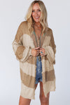 Khaki Stripe Lantern Sleeve Fringed Open Cardigan-Tops-MomFashion