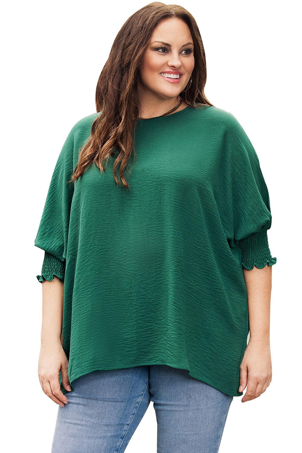 Green Smocked Wrist Shift Top-Tops-MomFashion