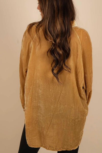 Gold Solid Color Button Up Loose Fit Velvet Shirt-Tops-MomFashion