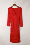 Fiery Red Long Sleeves Wrap V Neck Ruched Sheath Bodycon Dress-Dresses-MomFashion