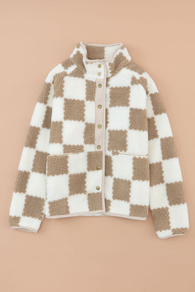 Brown Checked Snap Button Sherpa Jacket-Outerwear-MomFashion