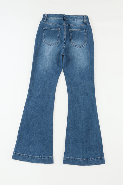 Blue High Waist Seam Stitching Pocket Flare Jeans-Bottoms-MomFashion