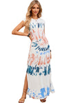 White Cap Sleeve Tie Dye Long Slit Dress-Dresses-MomFashion