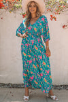 Green Boho Deep V Neck Floral Maxi Dress-Dresses-MomFashion