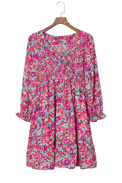 Purple Smocked V Neck Puffy Sleeve Floral Dress-Dresses-MomFashion