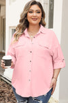 Pink Flap Pocket Tab Sleeve Button-Down Plus Size Shirt-Plus Size-MomFashion