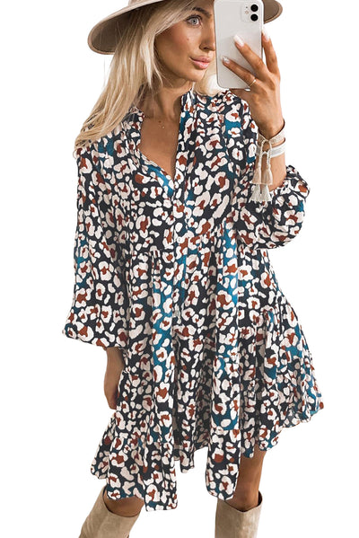 Blue Leopard Print Bubble Sleeve Ruffled Shirt Dress-Dresses-MomFashion