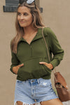 Green Zip Up Stand Collar Ribbed Thumbhole Sleeve Sweatshirt-Tops-MomFashion