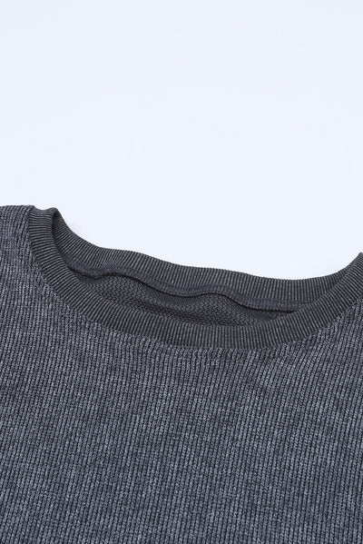 Gray Solid Ribbed Knit Round Neck Pullover Sweatshirt-Tops-MomFashion