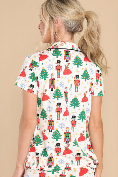 White Printed Christmas Pattern Buttoned Two Piece Sleepwear-Loungewear-MomFashion