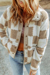 Brown Checked Snap Button Sherpa Jacket-Outerwear-MomFashion