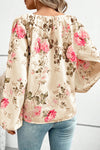 Beige Floral Print Lantern Sleeve V-Neck Blouse-Tops-MomFashion